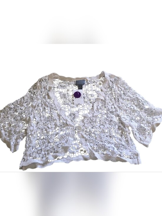 Rabbit Rabbit Rabbit Sweaters - White Crochet Openwork Short-Sleeve Shrug